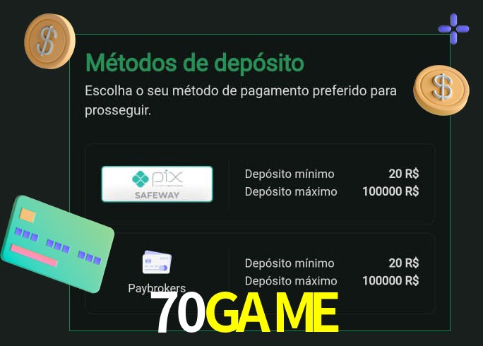 O cassino 70GAME oferece uma grande variedade de métodos de pagamento
